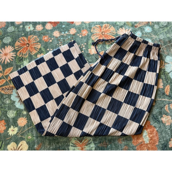 silence + noise Pants - Silence + Noise Checkered Plisse Wide Leg Pants Navy Tan Small Elastic Waist